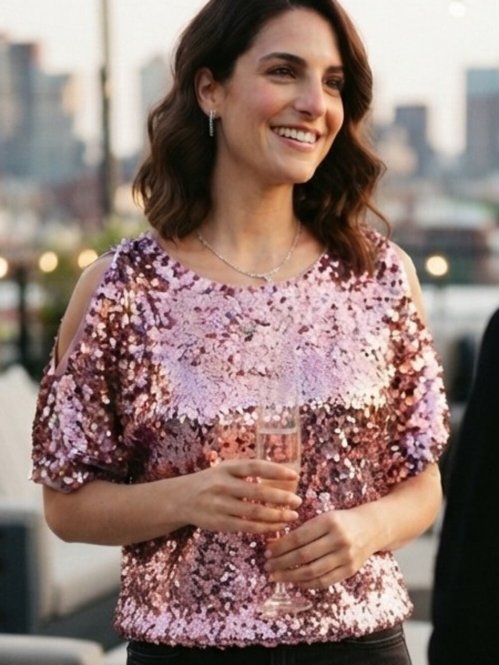 Jessica Pink Sequin Cold-Shoulder Top